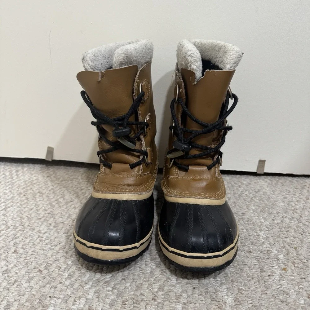 Sorel Caribou Brown Black Leather Lace Up Mid Calf Snow Boots Women's Size US 5